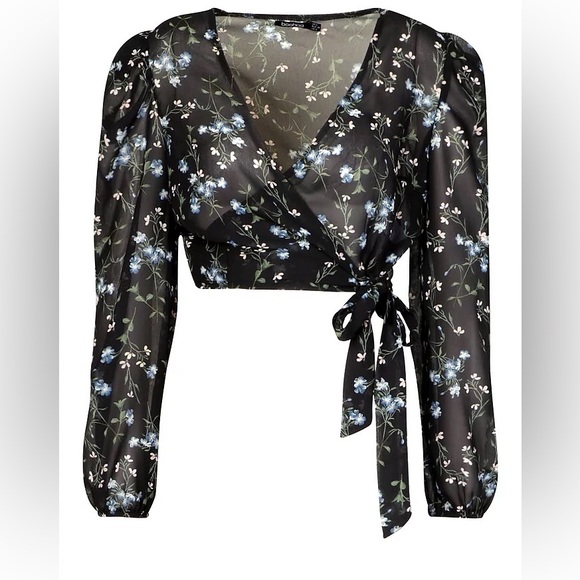 Boohoo WOVEN FLORAL PUFF SLEEVE WRAP BLOUSE SZ 6 - Picture 2 of 14